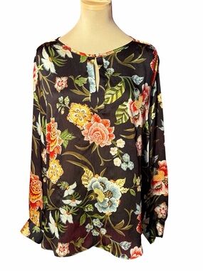 LOFT Black Floral Keyhole Blouse Long Sleeve Boho Top Large